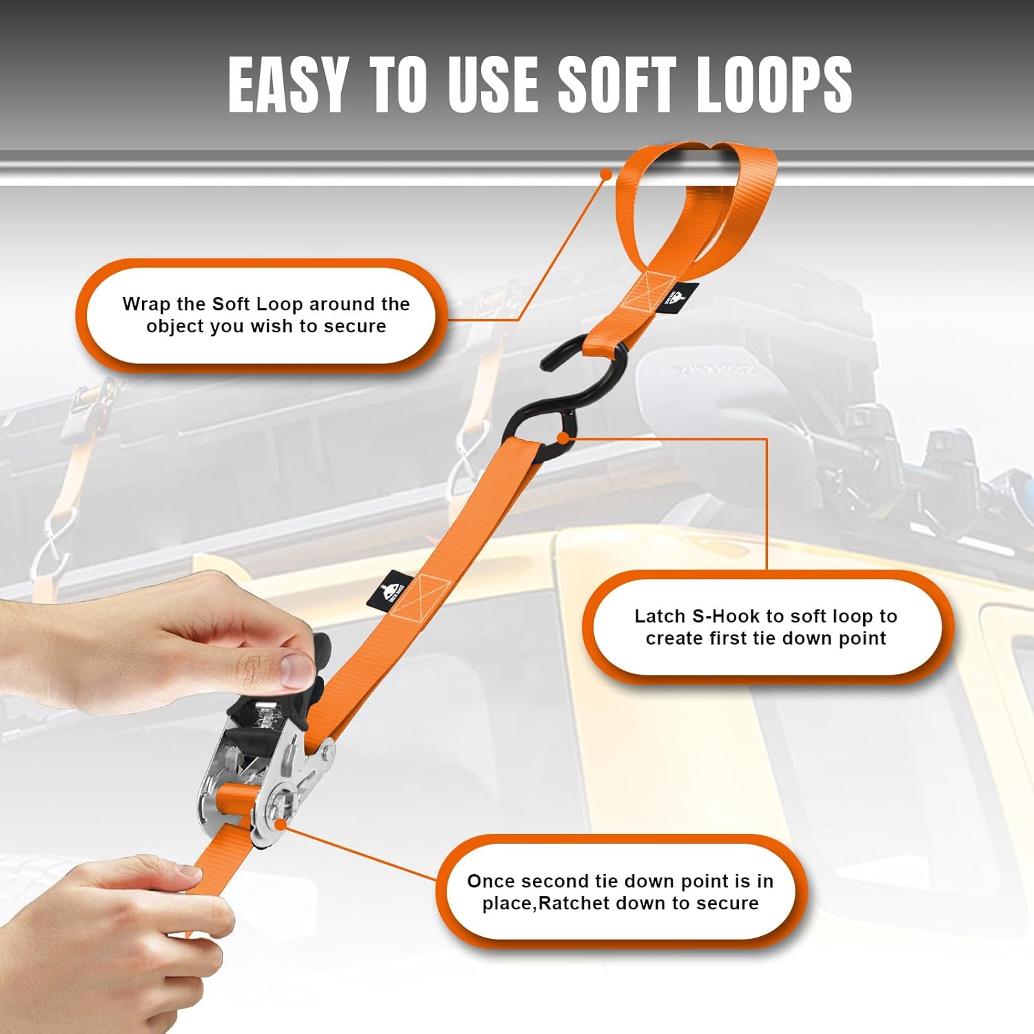 Ratchet Tie Down Straps Set,1500 lbs Break Strength,1" x 15' Heavy Duty Ratchet Straps with 4X Soft Loops Padded Handles Coated S Hook, Fits for Moving Appliances Motorcycle ATV Truck,Orange - Image 7