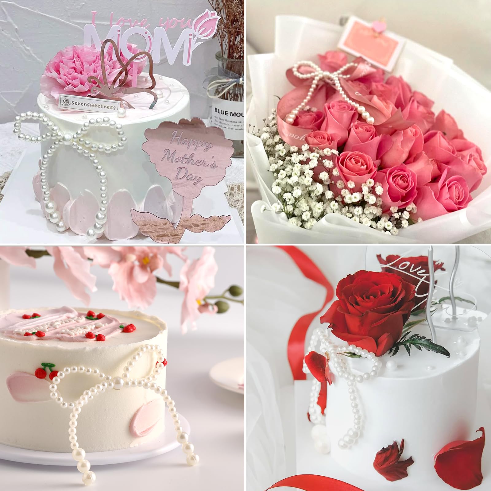 10 Pcs Pearl Bow Cake Toppers, 4.3x3.9 Inches Pink Pearl Beaded...