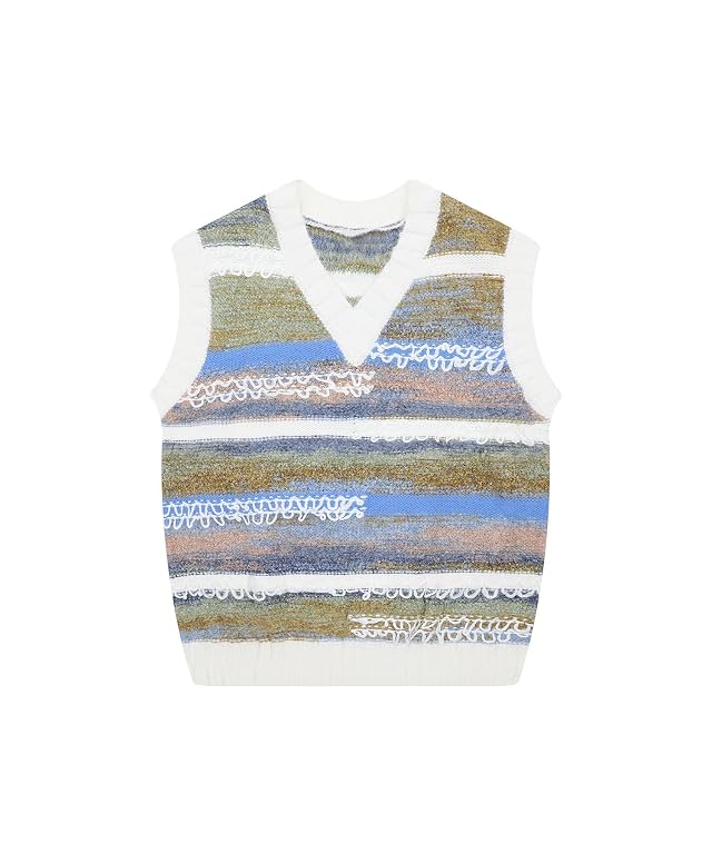 Bakyarder Unisex Textured Knit Sweater Vest V-Neck Vintage Multi-Color Sleeveless Pullover Top Soft Wool Blend