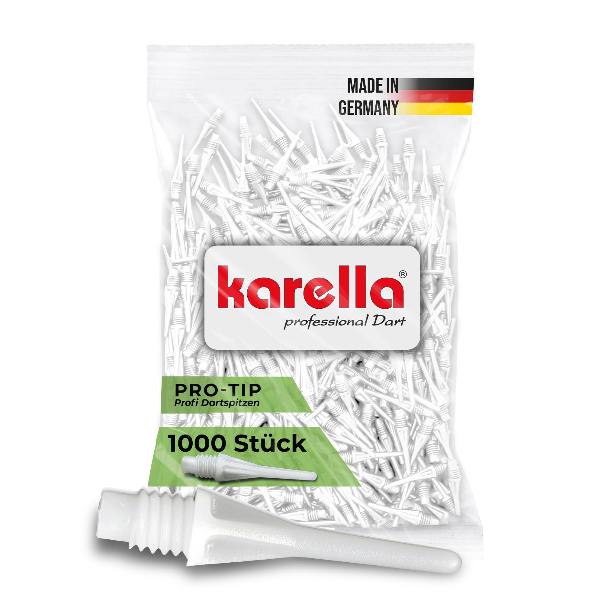 Karella Profi Dartspitzen Pro-Tip, Made in Germany, 1000 St., 2BA Gewinde, extrem formstabile Softdart Ersatzspitzen aus Spezialkunststoff, Shorty, Soft Tips, Softdart Spitzen, weiß