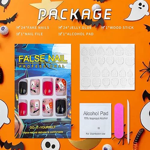 Miniatura 6 de Uñas postizas de Halloween, uñas cortas cuadradas a presión, uñas postizas rosa y negro con diseños de telaraña fantasma, uñas con pegamento, puntas