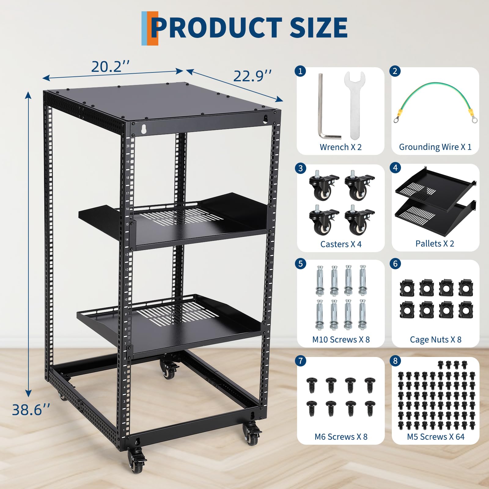 GarveeHome Rack Server e Rete Open Frame in acciaio - Profondità regolabile 56-102cm - 10U - 2 ripiani ventilati, 4 ruote bloccabili - Montaggio a muro o pavimento - Per IT, AV, networking - Include 2