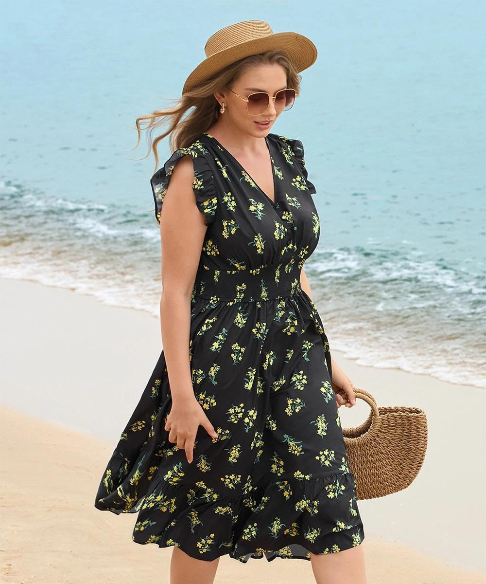 RITERA Womens Plus Size Summer Dresses V Neck Boho Floral Midi Dress Ruffle Sleeve Smocked Casual Sundress with Pockets - Image 2