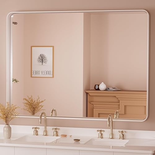 Miniatura 180 de TETOTE Espejo de 60 x 36 pulgadas para baño, espejo de tocador dorado de latón cepillado, espejo de pared grande rectangular con marco de metal Oro