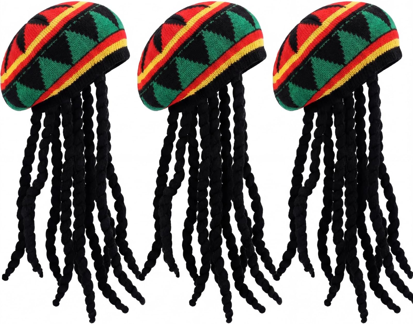 SATINIOR 3 Pack Rasta Hat with Black Dreadlocks Wig Rasta Wig Cap for Costume Accessory