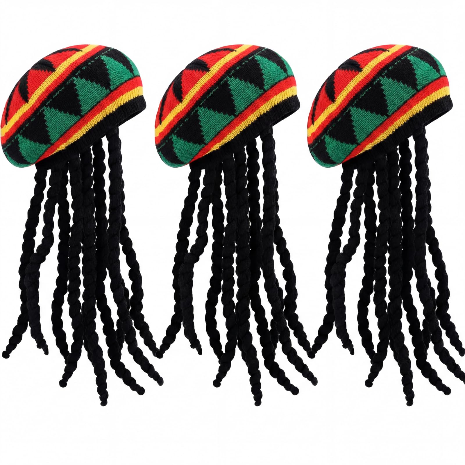 SATINIOR 3 Pack Rasta Hat with Black Dreadlocks Wig Rasta Wig Cap for Costume Accessory