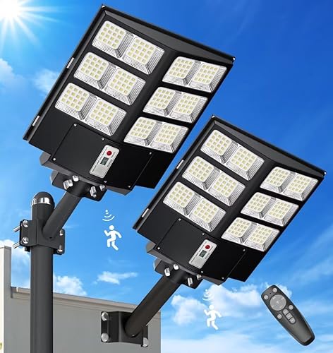 JAYNLT Paquete de 2 luces solares de calle de 600 W para exteriores, luces solares de estacionamiento del atardecer al amanecer, luces de inundación