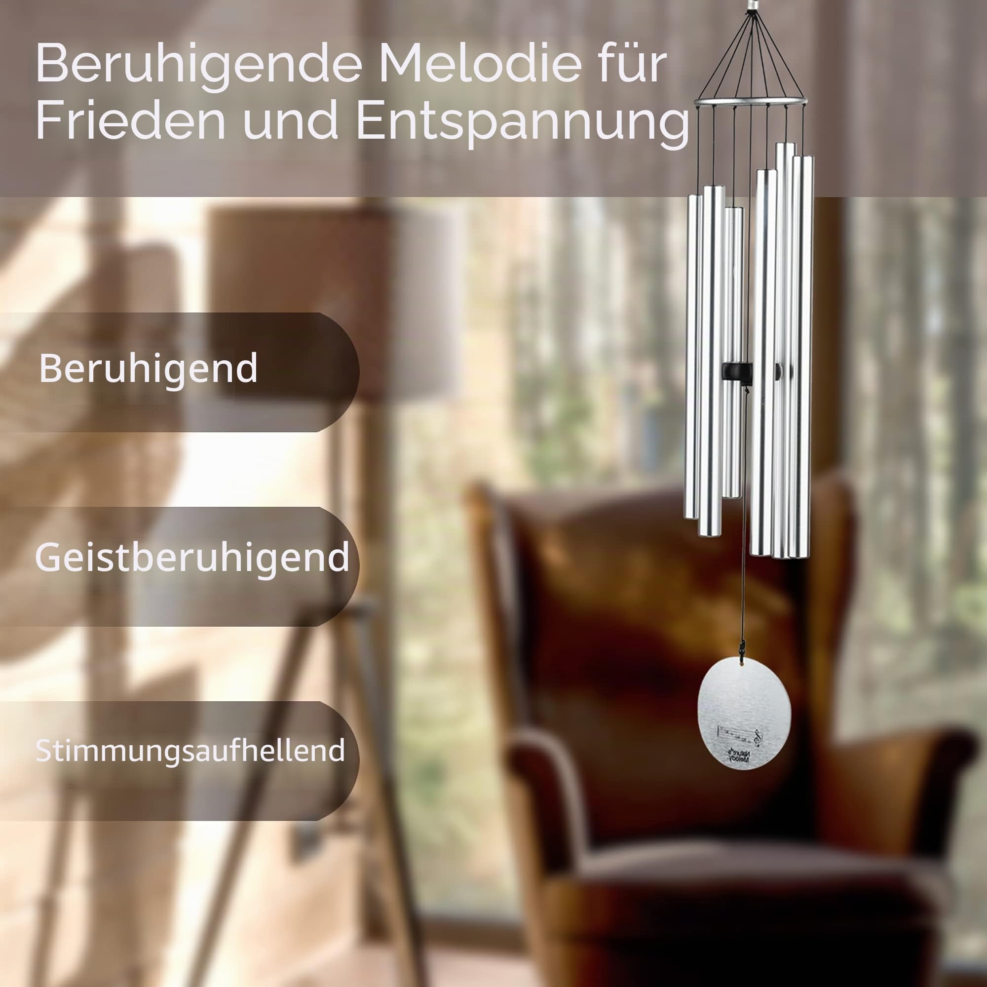 OSVINO Klangspiele Windspiele Aluminium mit Klang Gesamtlänge 90cm groß für drinnen draußen Balkon Garten Hof Terasse, Silber