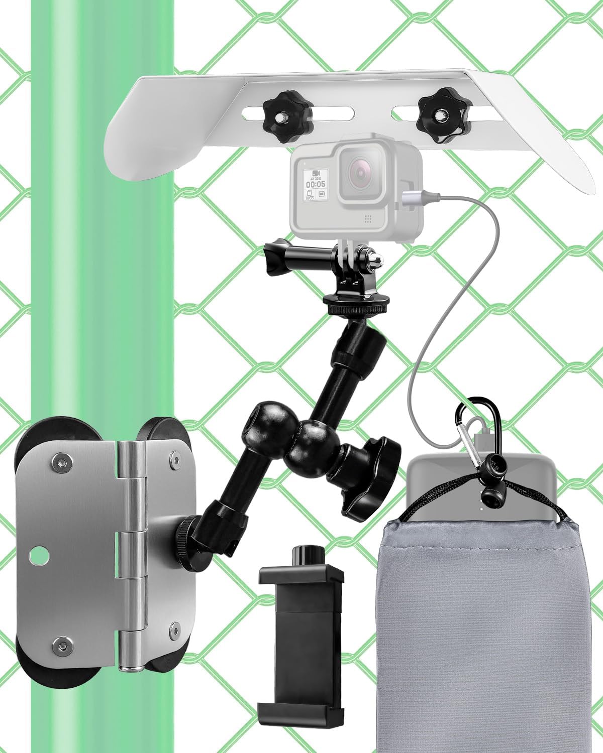 Magnetic Phone Fence Mount with Sun Shade & Power Bank Pouch, Quick-Install Kit for Gamechanger, Compatible with GoPro, Mevo Start, iPhone for Recording Baseball, Softball, Tennis Games