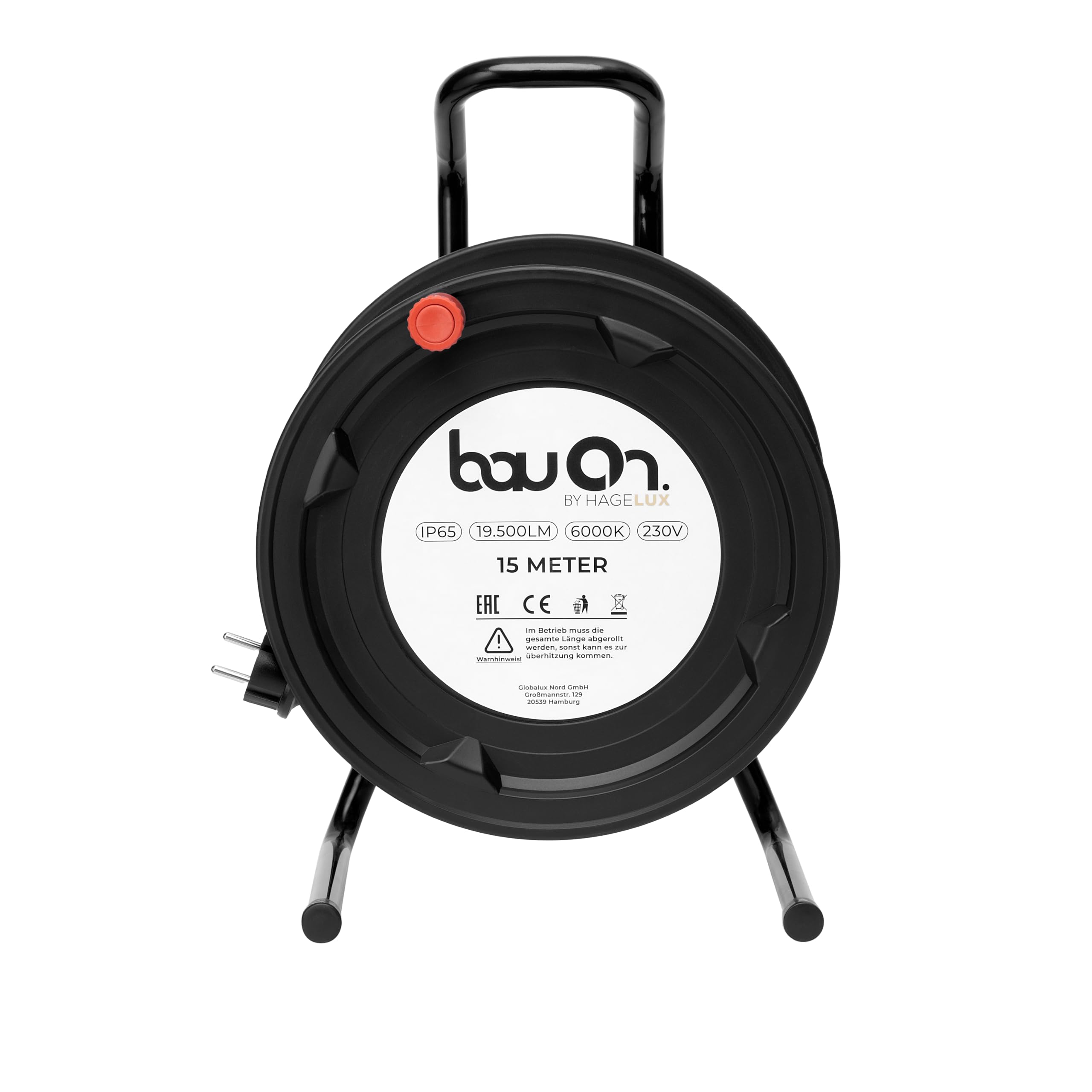 BauOn 15Meter LED Baustellenbeleuchtung LED Trommel, 6000k, 19500lm, IP65, 230V, Innen- & Außenbereich, Lichtschlauch auf Trommel, robuste Arbeitsleuchte für Baustelle & Werkstatt