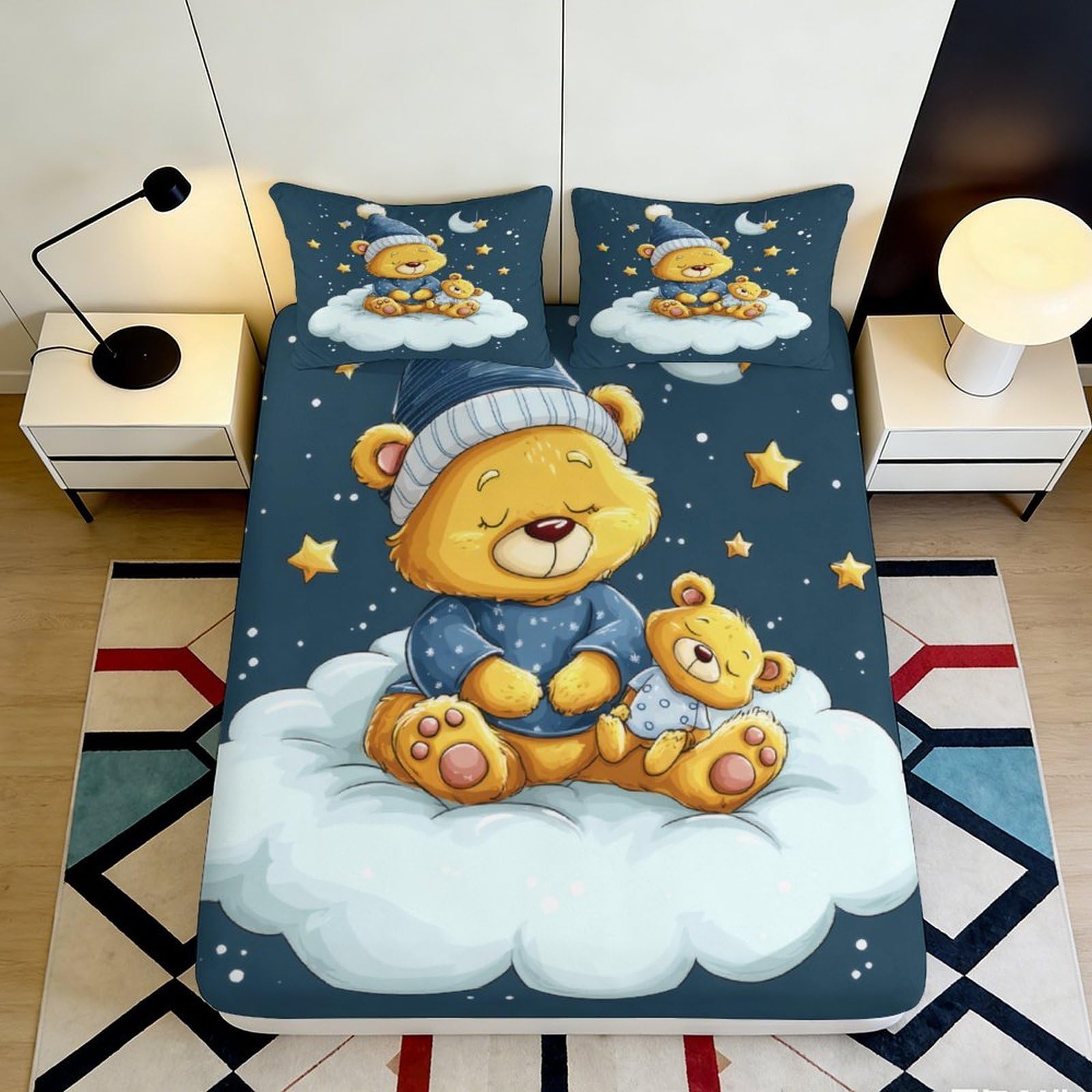 3D Printed Cartoon Bear Fitted Sheet Microfiber Non-slip Starry Night Mattress Cover for Bedroom Dorm Decor 160x200x25cm