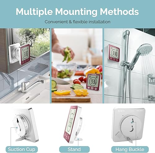 Miniatura 2 de KADAMS Reloj de pared digital para baño, ducha, cocina, temporizador con alarma, resistente al agua para rociar agua, temporizador de pantalla