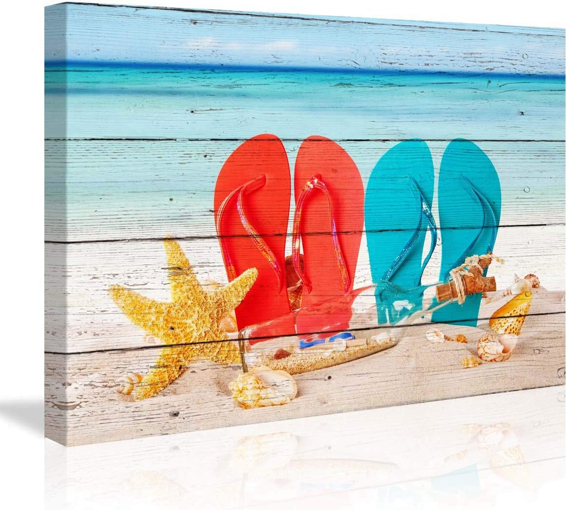 ArtHome520 Turquoise Sea Ocean Beach Board Home Decor Starfish Shell Canvas Print Pictrue Wall Art Bathroom Living Dining Room Artwork Modern Framed (16''x24'')