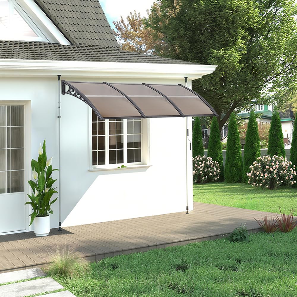 Marquesina de Puerta Exterior DIY, Tejadillo con Placa de Policarbonato Hueco y Soportes PP con Extremos de Aluminio, Protección contra Lluvia, Nieve y Rayos UV (60 * 100 cm)