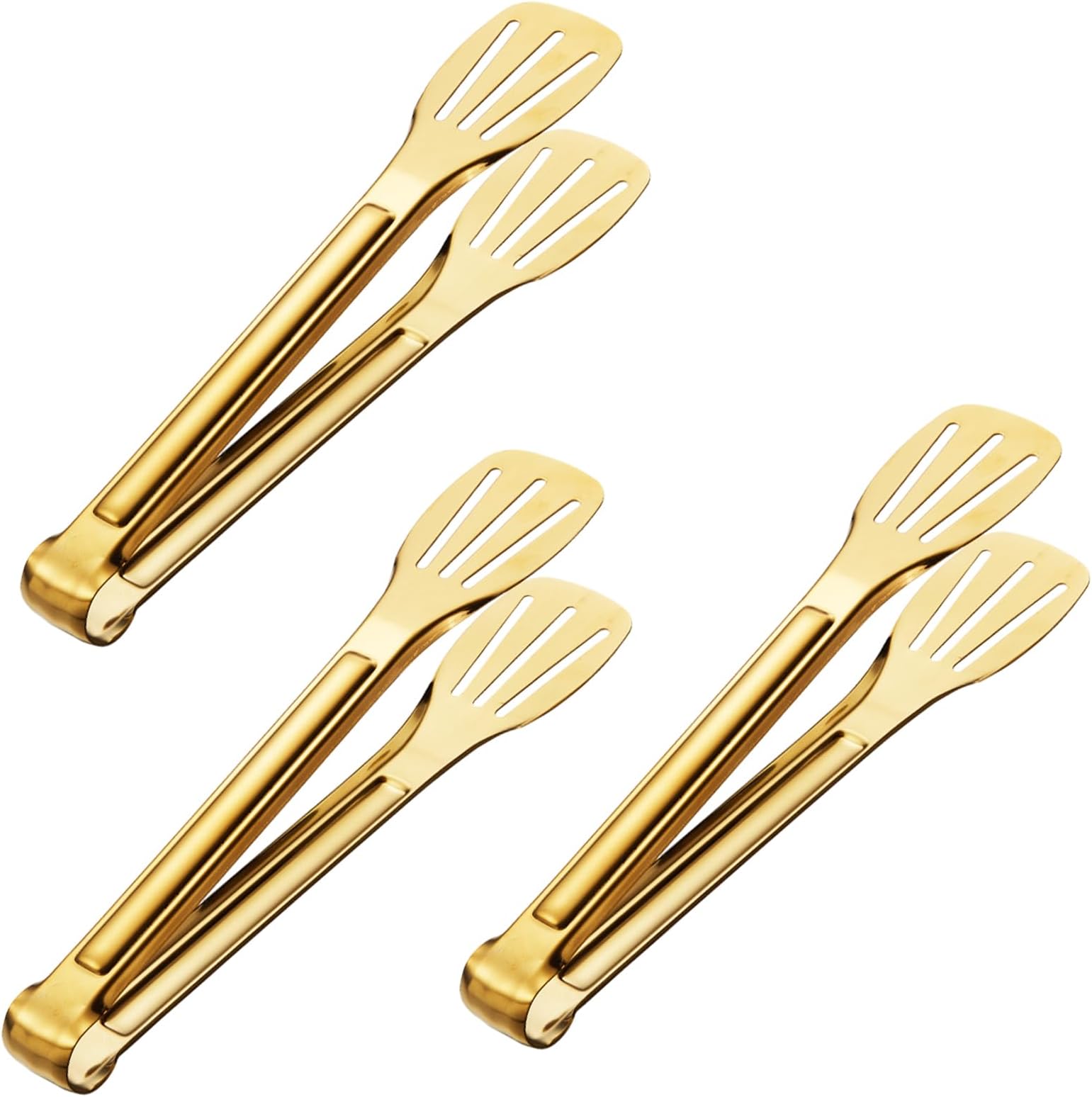 MIGIFTDY 3Pcs Kitchen Tongs, 7'' Stainless Steel Food Serving Tongs, Non-Slip Stainless Steel Metal BBQ Tongs, Kitchen Cooking Tongs for Cooking, Cake, Salad, Meat, BBQ, Frying, Serving (Gold)