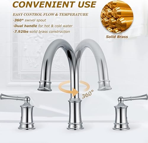 Miniatura 6 de Grifo de bañera, grifo antiguo de bañera de montaje en cubierta, 2 manijas de palanca, grifo de bañera de latón generalizado de 3 agujeros, boquilla