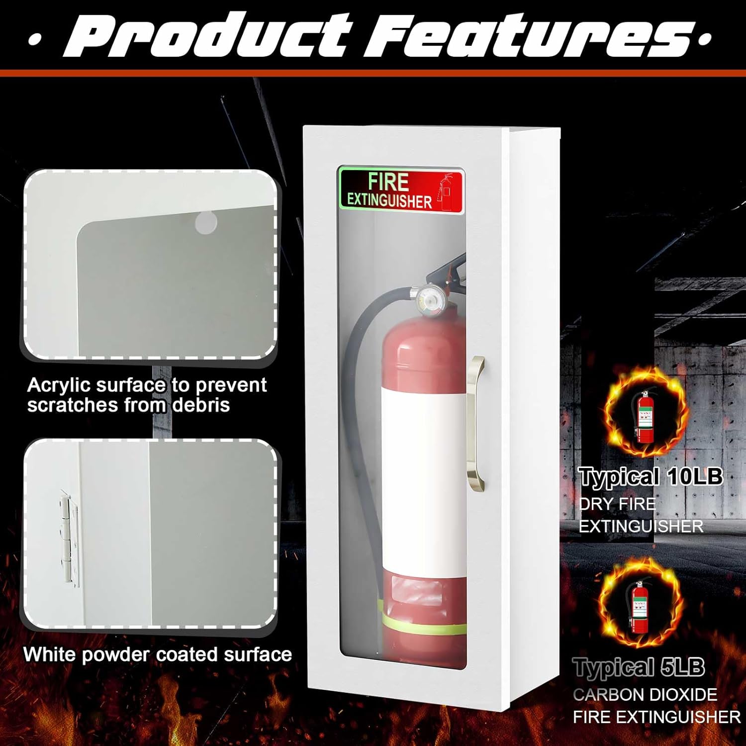 Zonon 10lb Fire Extinguisher Cabinet Wall & Surface Mount with Glow Fire Extinguisher Sign Sticker Steel Industrial Architectural Wall Box Case for Dry Chemical Extinguishers Indoor Outdoor(White)