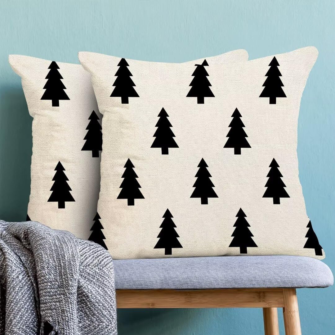 BETGINY Black and White Christmas Pillow Covers 24 x 24 Inch Pack of 2, Geometric Pattern Christmas Tree Decorative Throw Pillow Linen Winter Xmas Pillow Cases Cushion for Bedroom Home Sofa