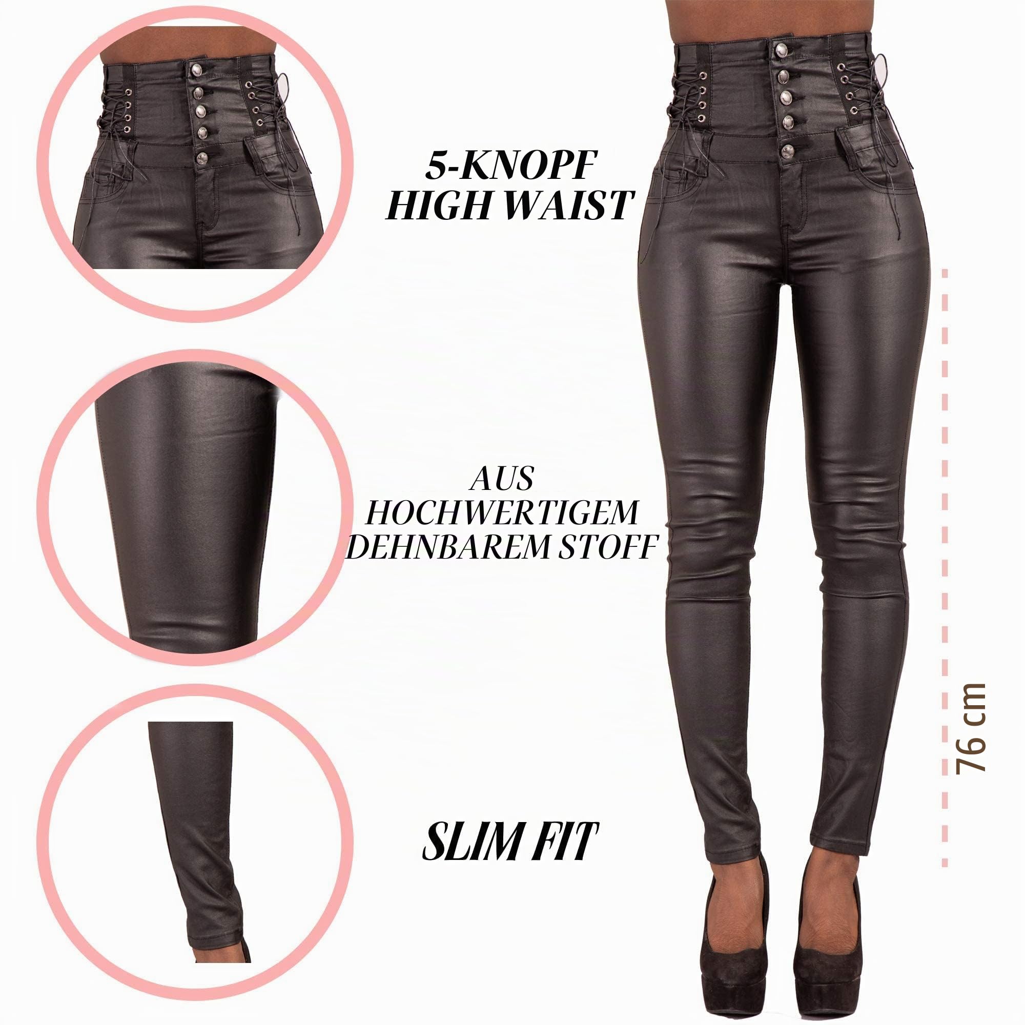 Lederlook High Waist Damen Jeans | Skinny Damen Kunstleder Hosen