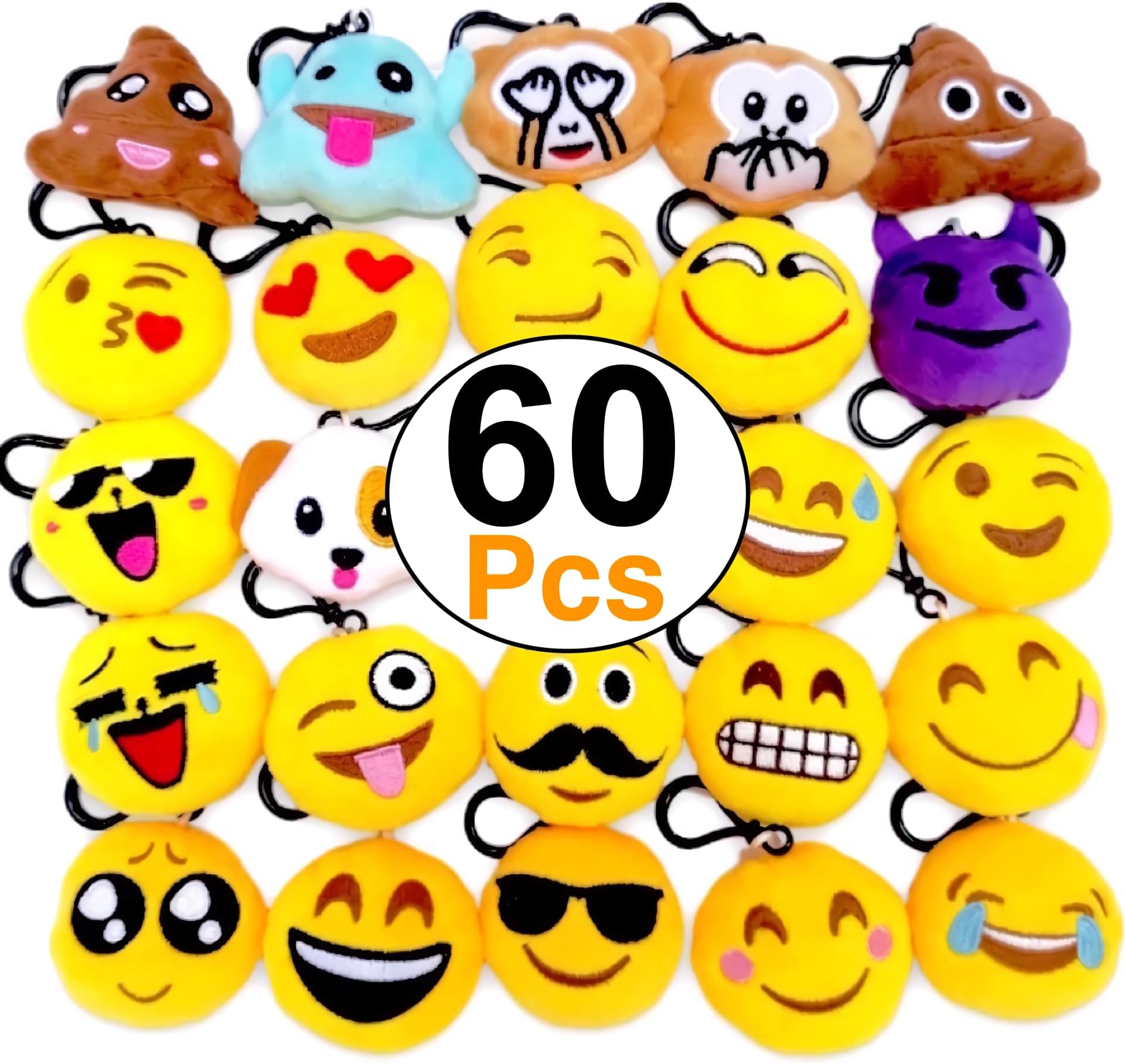 OHill 60 Pack Mini Plush Emoticon Keychain Mini Pillows Key Ring for Birthday Event Party Favors Supplies