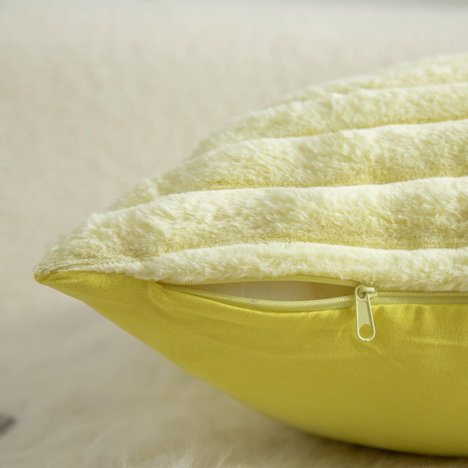 Mandioo Pack of 2 Decorative Cushion Covers 30cm x 50cm Faux Fur Striped Plush Soft Throw Pillow Covers Pillow Cases Bedroom Living Room Sofa Home 20x20 Inch Yellow - Image 3