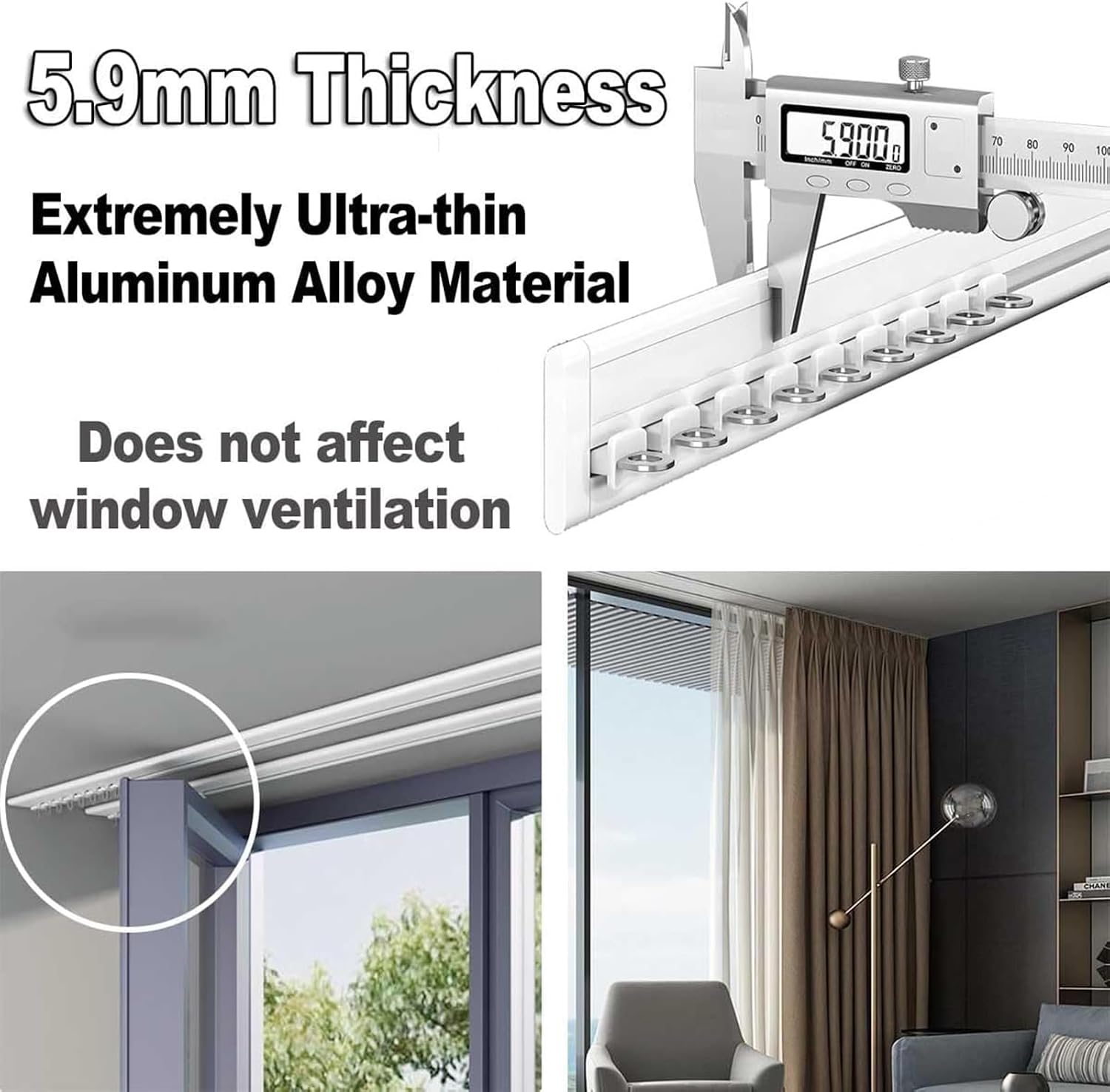 Ultra-Thin Aluminum Curtain Track, 1m-6m Adjustable Ceiling Rail, Silent Room Divider & Window Privacy Solution (Size: 2m/6.6ft)