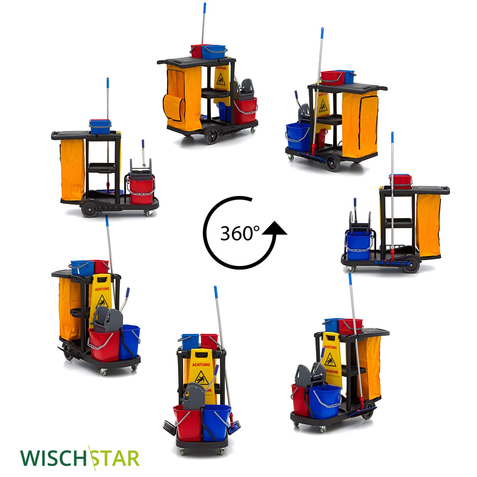 Wisch-Star Kunststoff Putzwagen Reinigungswagen mit Presse, 2X 25 Liter Eimer, 2X 6 Liter Eimer, Ablage, Warnschild und 120 Liter Müllsackhalterung