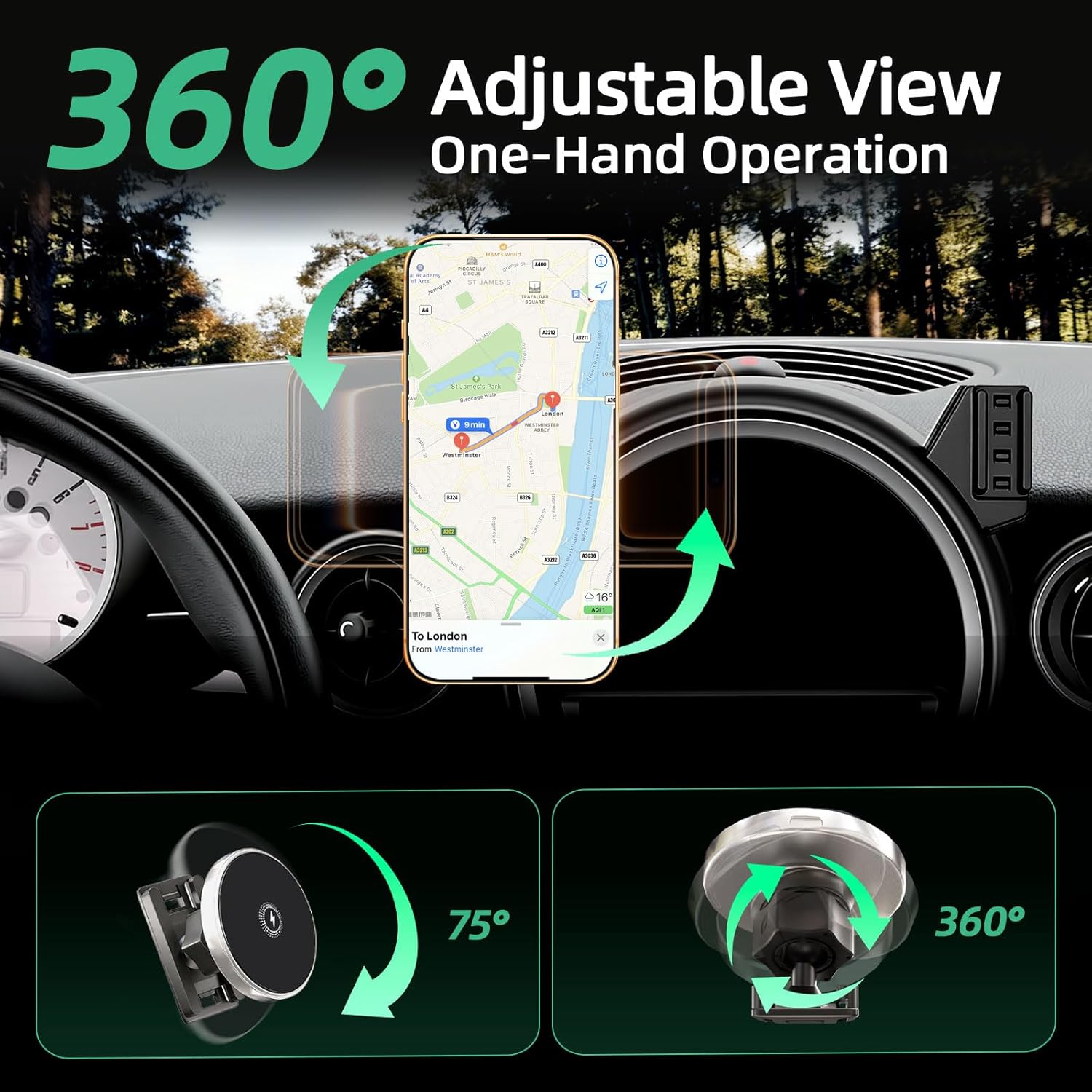 Phone Mount for BMW Mini Cooper (2007-2012 2013), Magnetic iPhone Holder, Magsafe Car Mount Charger, Cell Phone Automobile Cradles, 2PC 15W Wireless Car Charger, Hands Free, 360°, 2011 Car Accessories