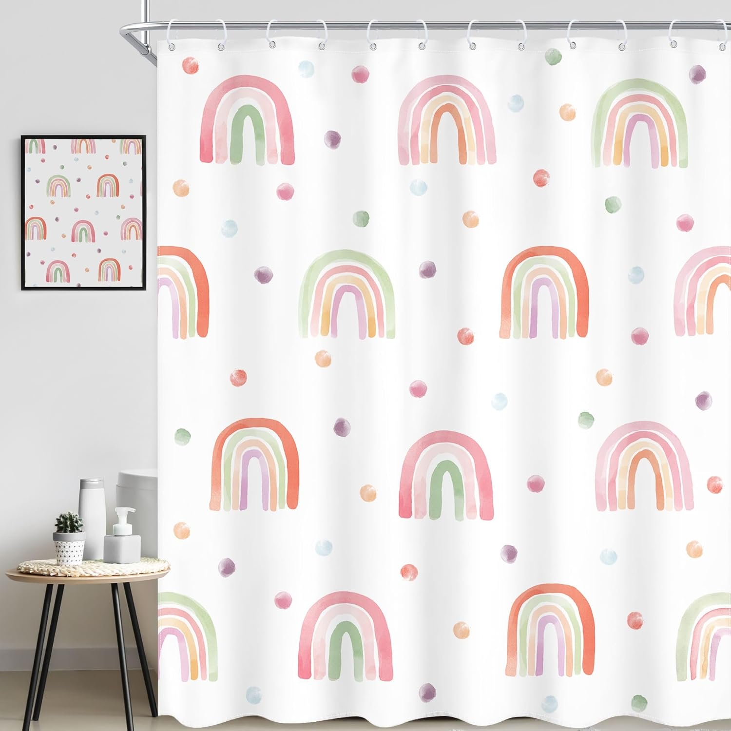 Boho Rainbow Shower Curtain 72Wx84L Inch Extra Long Kids Girls Cute Pink Polka Dot Bathroom Set Girls Children Pastel Bath Curtain Bathtub Accessories Home Decor