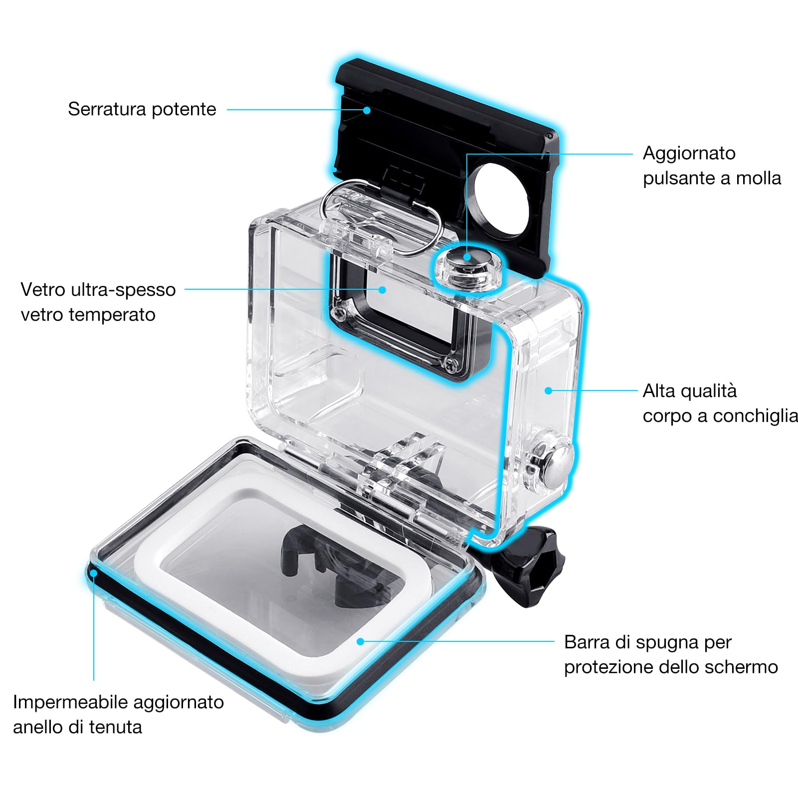 Custodia Protettiva Impermeabile per GoPro Hero 5/6/7, 60m Custodia Subacque Accessori Include Supporti Viti e 12 Inserti Antiappannamento per GoPro Hero 5/6/7 Fotocamera Digitale
