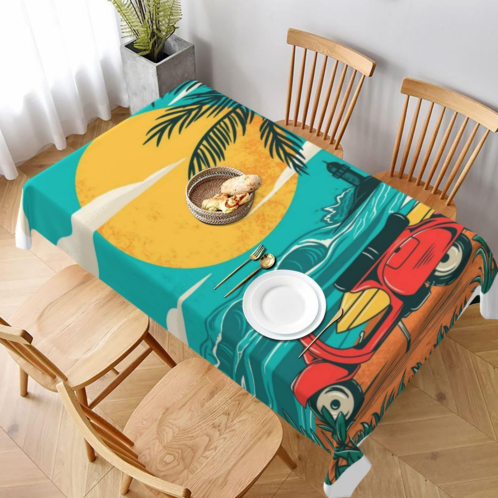 BNVSADC Sunset Beach Palm Tree Printed Rectangle Tablecloth 228x152 CM, Water Resistant Polyester Table Cloth Decorative Fabric Table Covers for Kitchen Dining Table Parties Camping