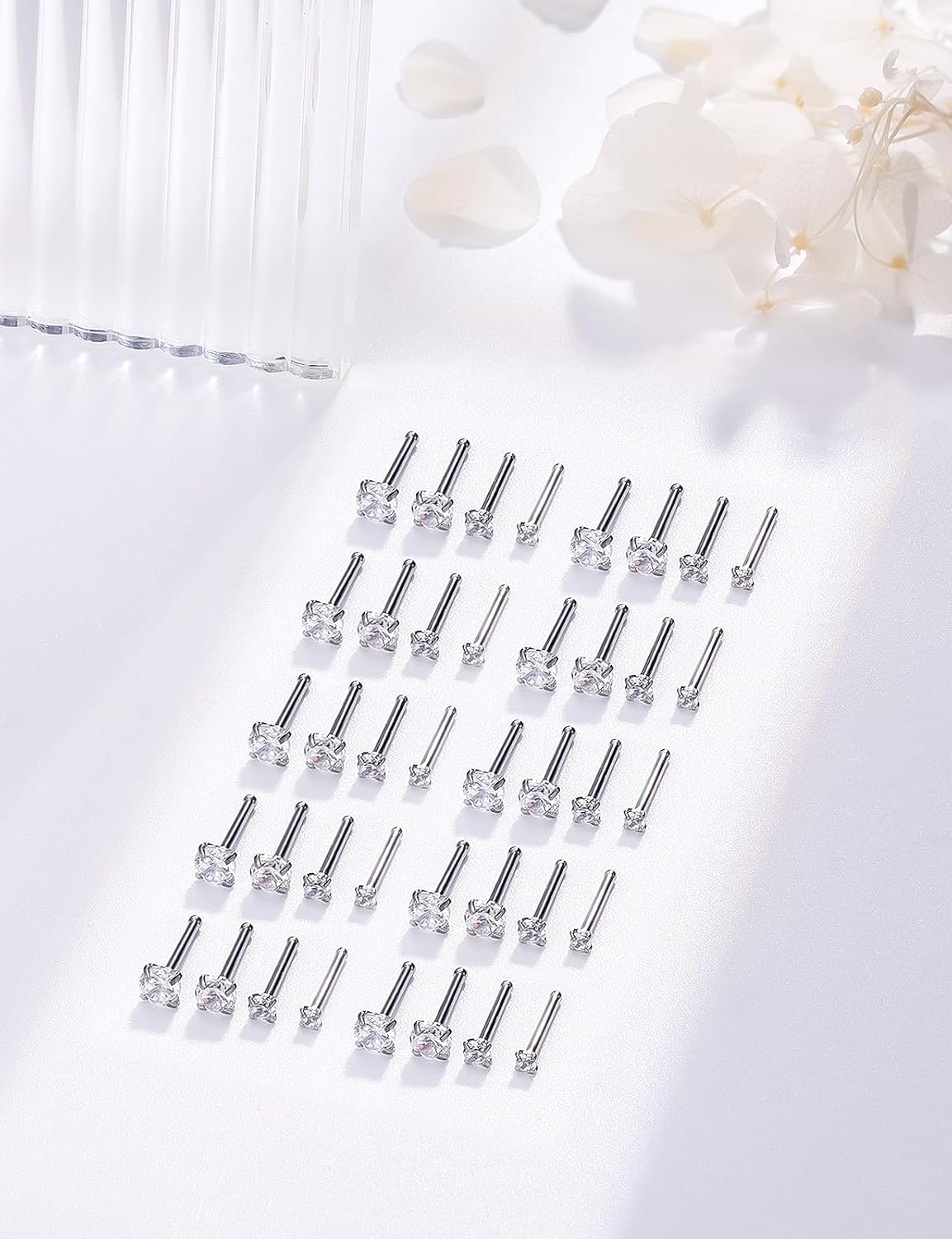 24G 22G 20G 18G Nose Rings Studs for Women Stainless Surgical Steel Corkscrew Straight L Shaped Nose Rings Stud CZ Nostril Piercing Jewelry for Women Men 1.5MM 2MM 2.5MM 3MM CZ Silver