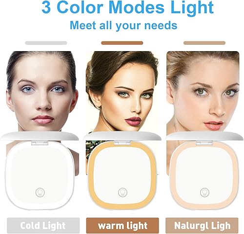 Miniatura 4 de Espejo de bolsillo recargable, espejo de maquillaje compacto LED de aumento 1X5X, espejo de viaje con luz en modo de 3 colores, espejo de bolso, 2