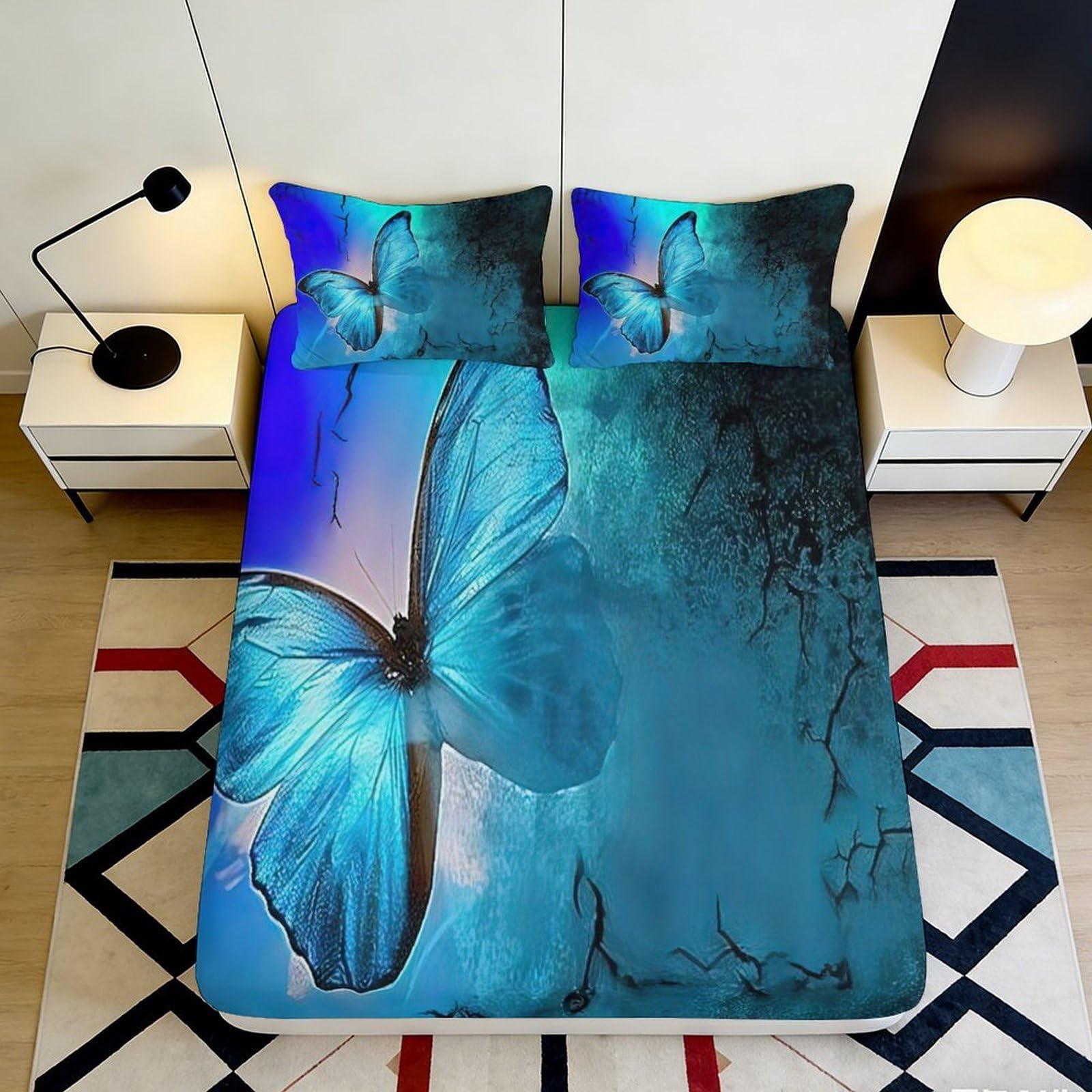 3D Printed Butterfly Fitted Sheet Microfiber Deep Pocket Non-Slip Bedroom Butterfly Mattress Fitted Cover for Adults 140x200x25cm