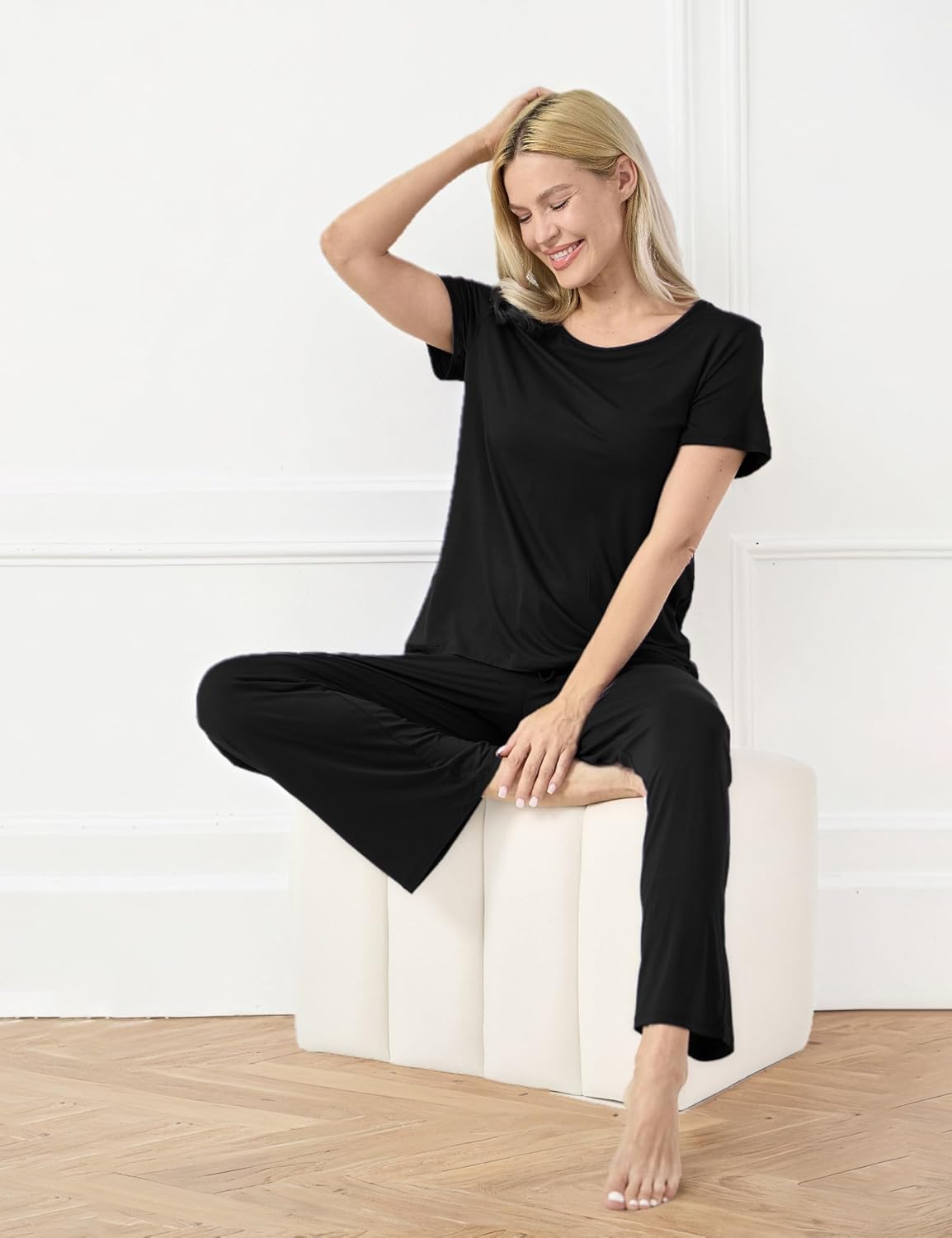 GYS Bamboo-derived Viscose Women's Pajamas Set Short Sleeve Top With Pants 2-Piece Sleep Set - Image 2