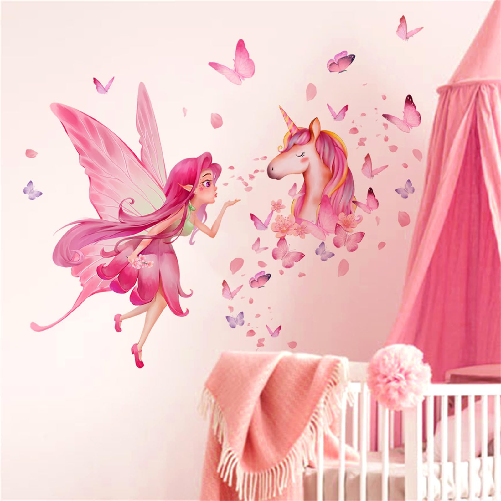 Fairy Unicorn Wall Stickers for Girls Bedroom Peel and Stick Pink Fairy & Unicorn Wall Decals with Butterflies