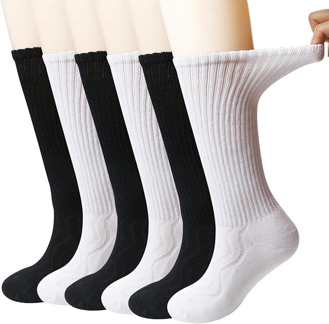 +MD 6 Pairs Non-Binding Men's Cushioned Moisture Wicking Bamboo Diabetic Crew Dress Socks 3Black3White10-13