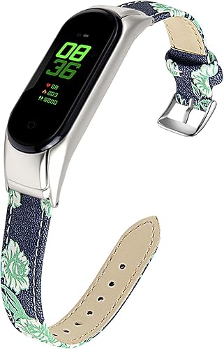 Correa para Mi Band 5, 5.5"-8.0"(140mm-203mm) Correa de cuero genuino elegante patrón de flores correa de cuero de repuesto delgada pulsera