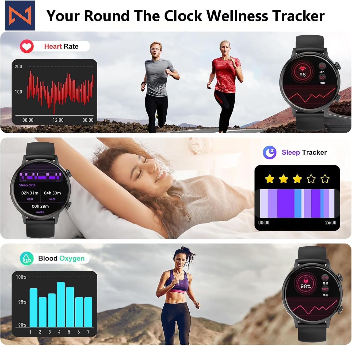 Smartwatch displaying heart rate, sleep, and blood oxygen data