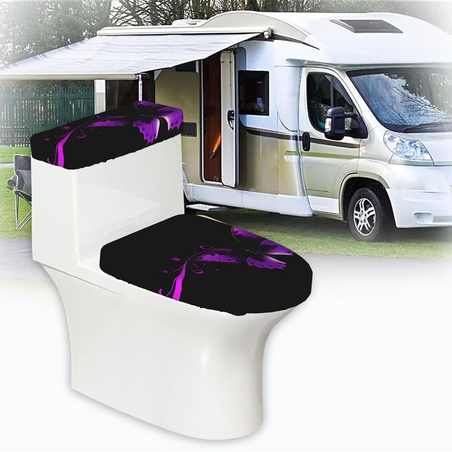 2 Pcs Toilet Lid Cover and Toilet Tank Lid Cover, Washable Toilet Cover with Elastic Bottom Replacement Soft Stretch Toilet Seat Cover Set purple and black butterfly Bathroom Decor