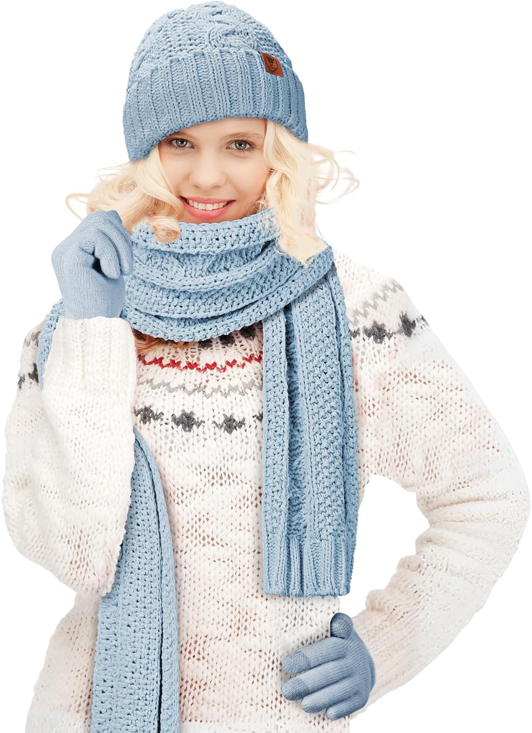 OZERO Scarf and Gloves Set for Women: Warm Knit Touchscreen Glove Slouchy Polar Fleece Lined Beanie Hat Scarf