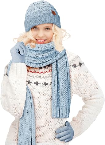 OZERO Scarf and Gloves Set for Women Warm Knit Touchscreen Glove Slouchy Polar Fleece Lined Beanie Hat Scarf
