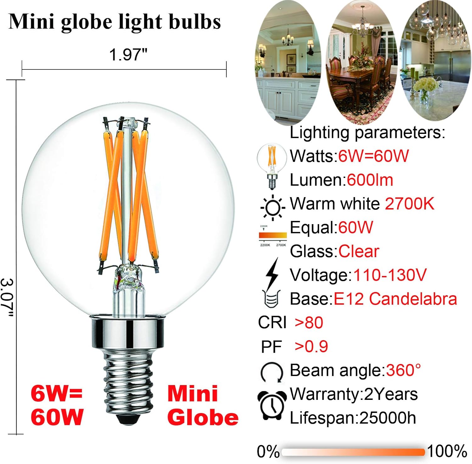LiteHistory Dimmable G16.5 LED Light Bulb 6W Equal 60W 600lm AC120V Candelabra Bulb 60W for Chandeliers, Ceiling Fan, Vanity Warm White 2700K Globe Light Bulb 6Pack