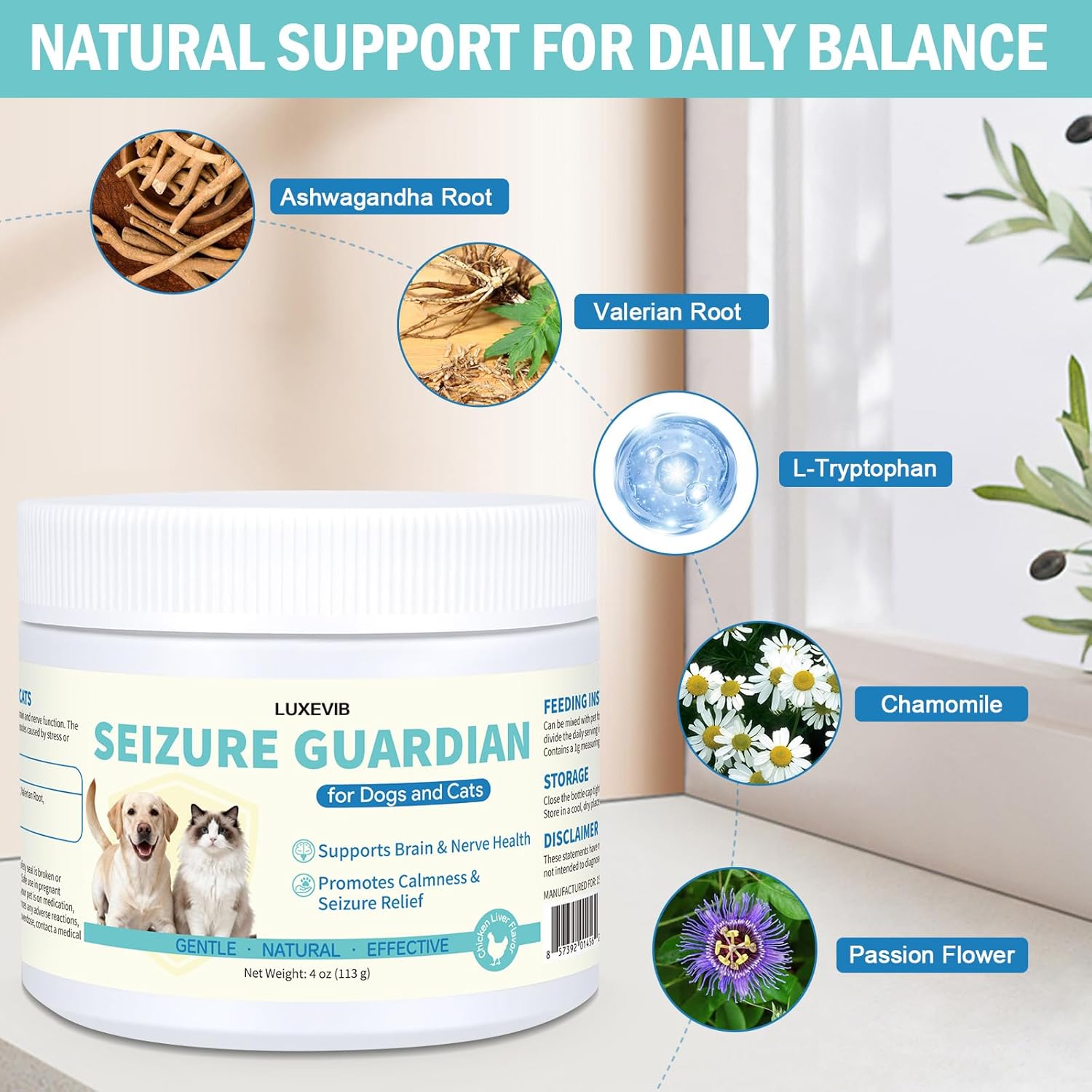 Nervous System Supplements, Seizure Guardian for Dogs and Cats, Natural Herbal Formula for Daily Relaxation, Stress Response and Reduce Sudden Loss of Balance or Collapse - 4 oz