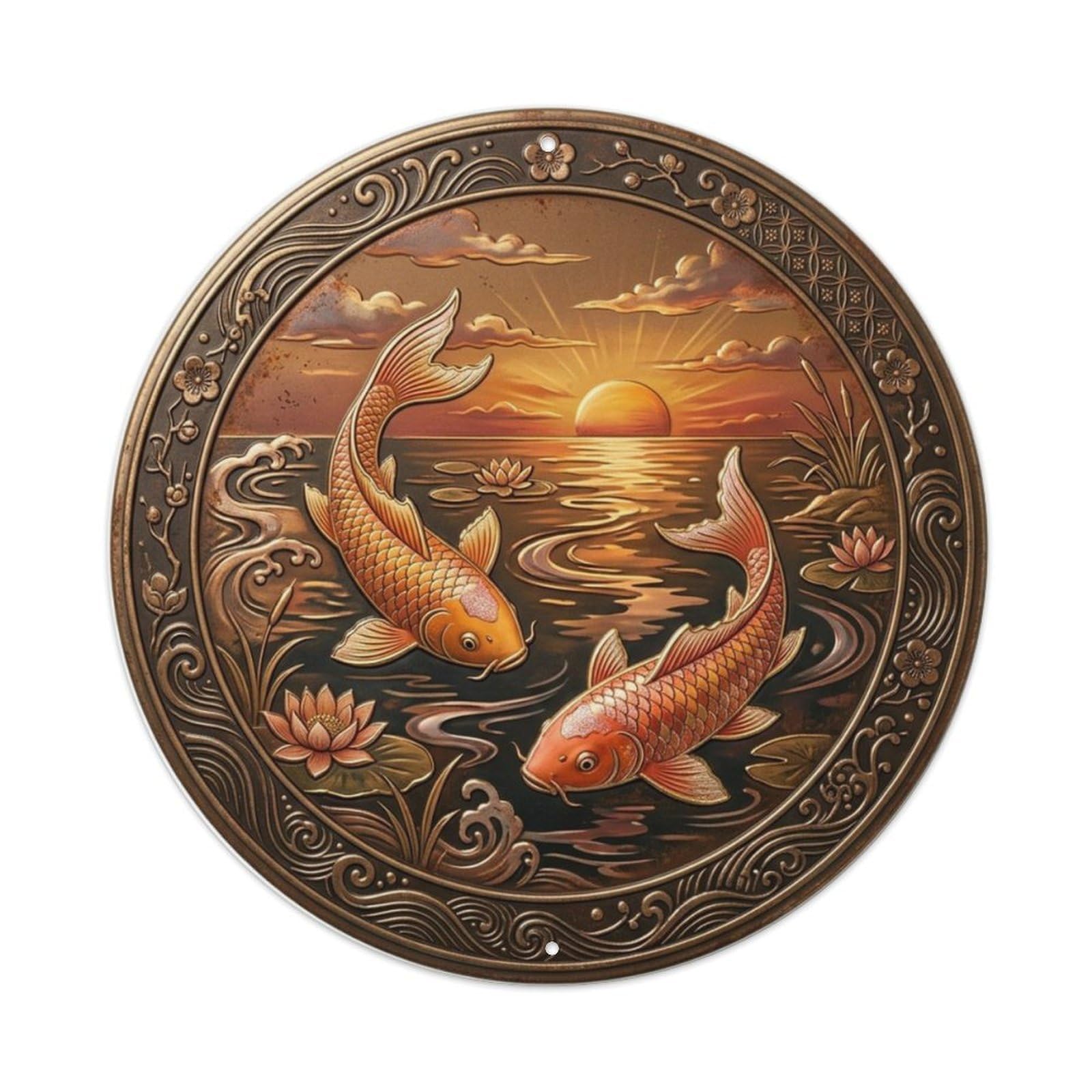 Sunset Horizon Patio Koi Fish Metal Tin Sign Plaque Wall Decor for Cafe, Club Bar, Office, Home Garden Round Metal Poster 8x8Inch