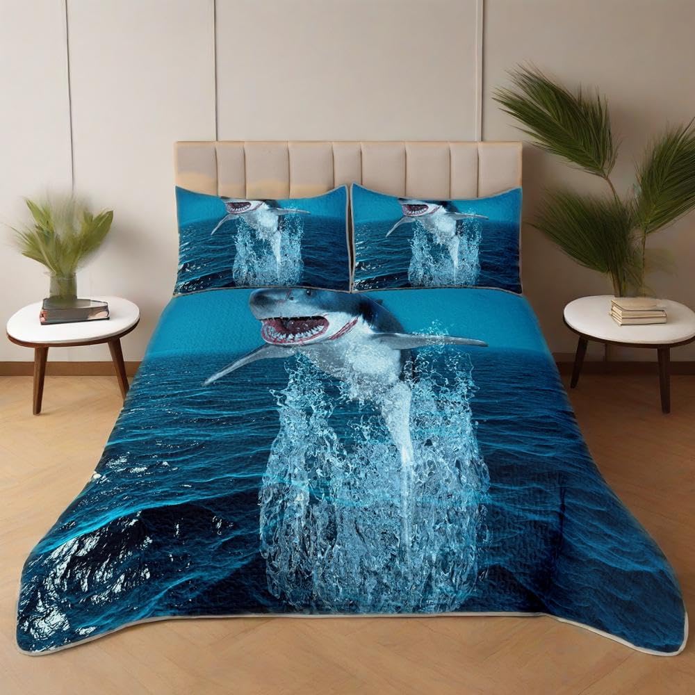 QINU KEONU Coastal Summer Nautical Beach Quilt Set King 3 Pcs Green Starfish Shell Lightweight Microfiber Reversible Bedspread Comforter with 2 Pillow Shams for All Season (Green, King)
