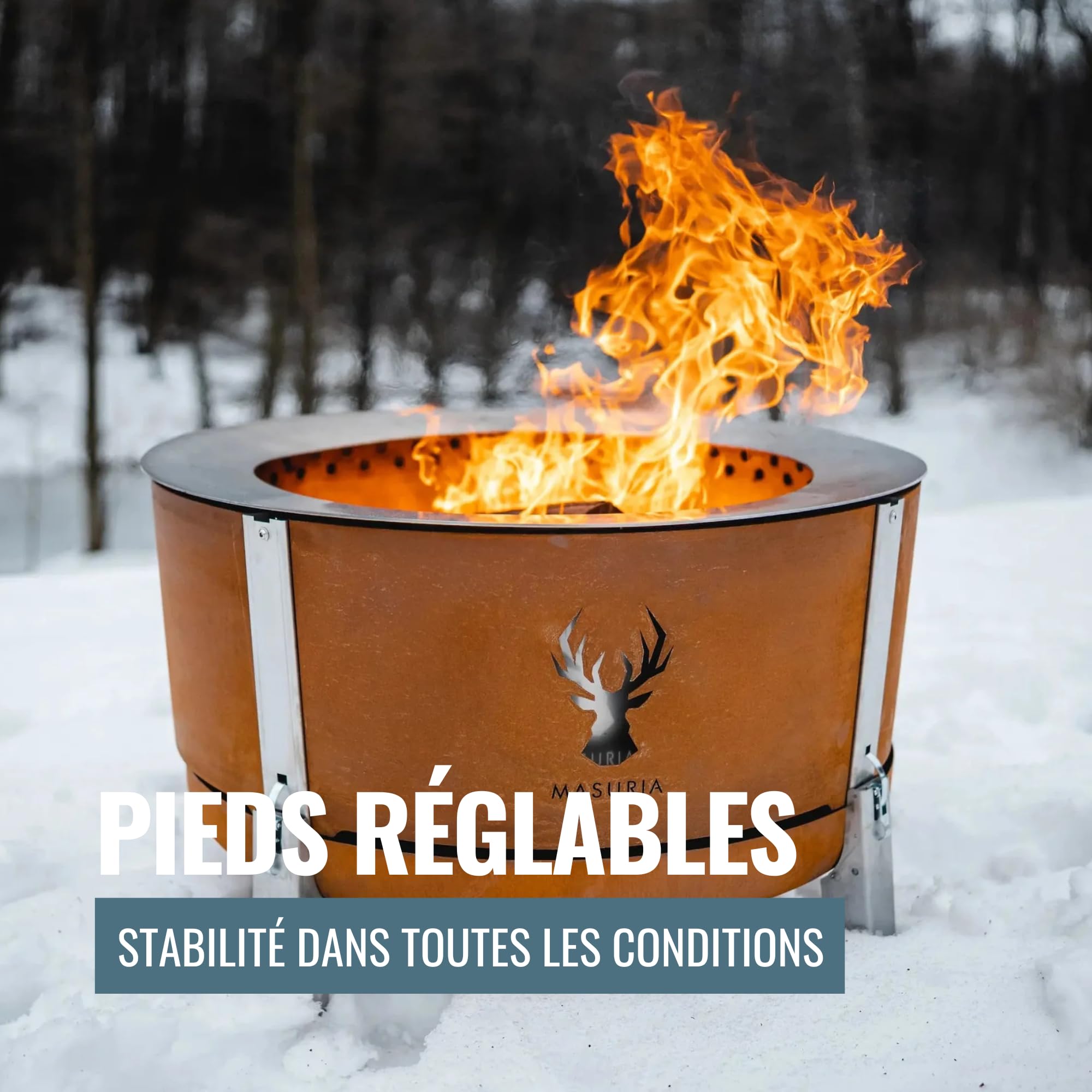 Masuria Brasero sans fumée 80 cm⌀ Alpha 800 - Réduction brevetée de fumée Jusqu’à 95% - Fabriqué en UE - Brasero extérieur en INOX 304 et Acier Corten - Pieds réglables - Grand tiroir à Cendres