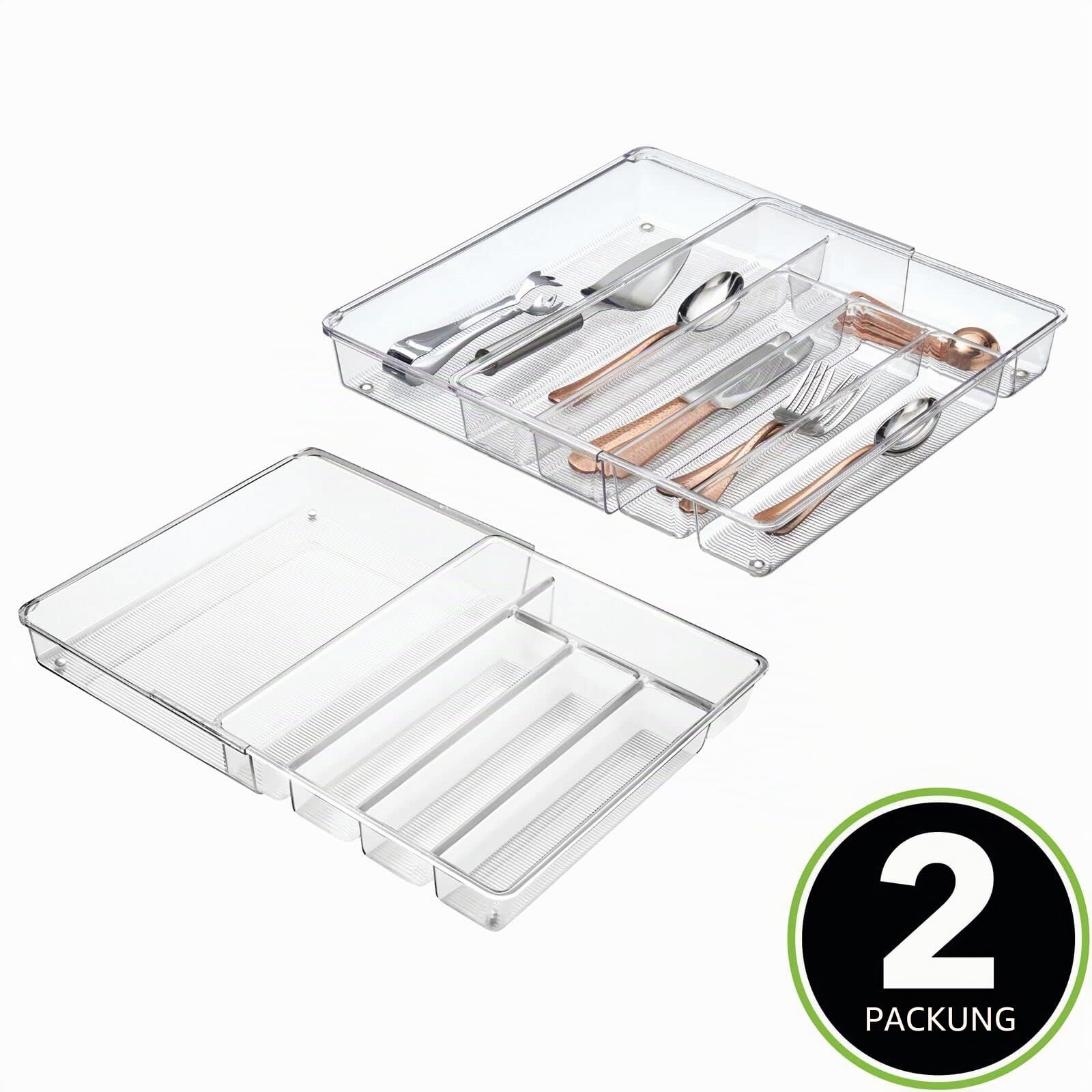 mDesign ausziehbarer Besteckkasten für Schublade und Küchenschrank – Küchen Organizer mit sechs Fächern aus BPA-freiem Kunststoff – Schubladeneinsatz für Küche, Bad und Büro – 2er-Set – durchsichtig