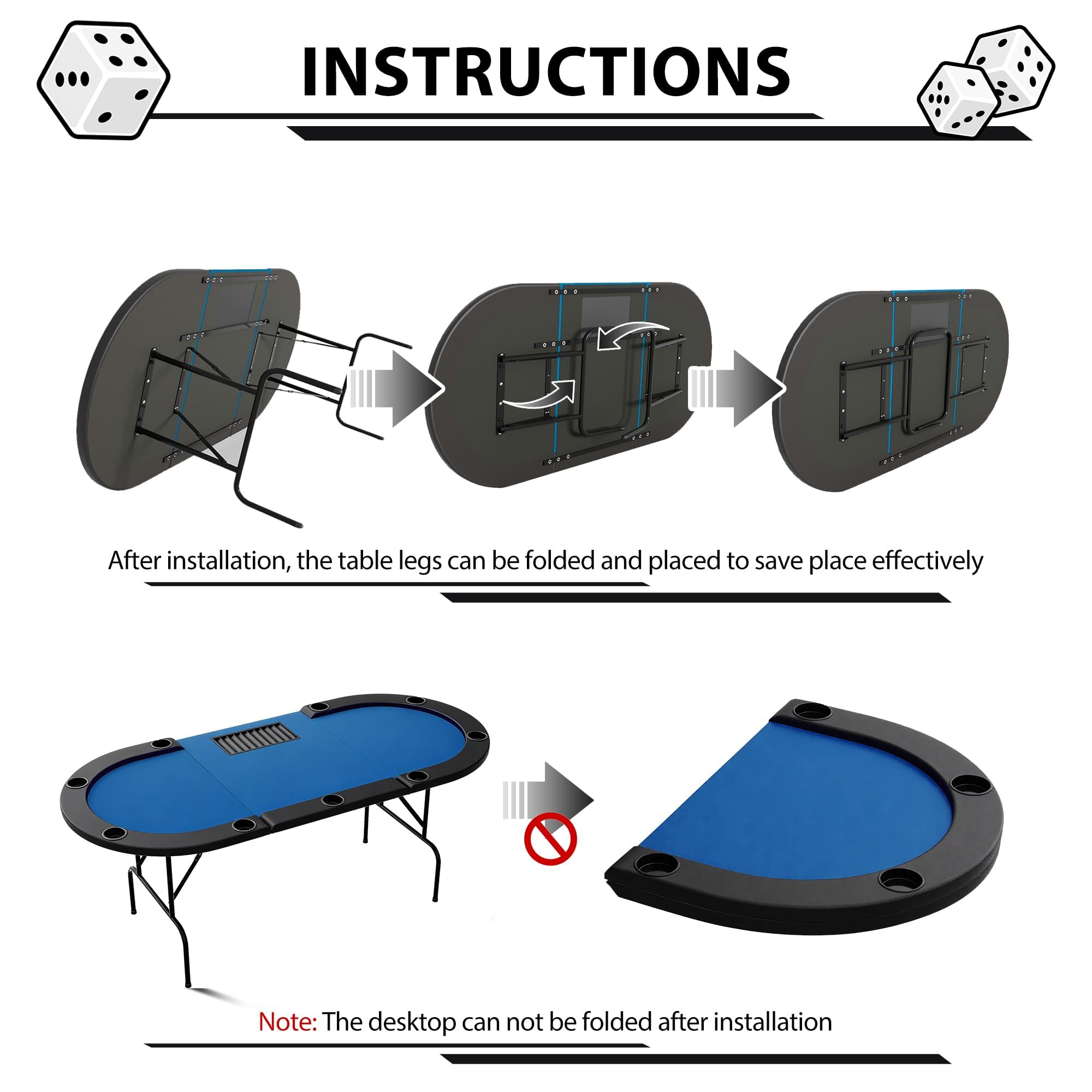 Garvee Table De Poker Pliable à 9 Joueurs - Table De Jeu Circulaire avec Pieds en Fer, Plateau Bleu en Plastique, Porte-Gobelets pour Soirées De Jeux, Casino Maison Et Événements Familiaux