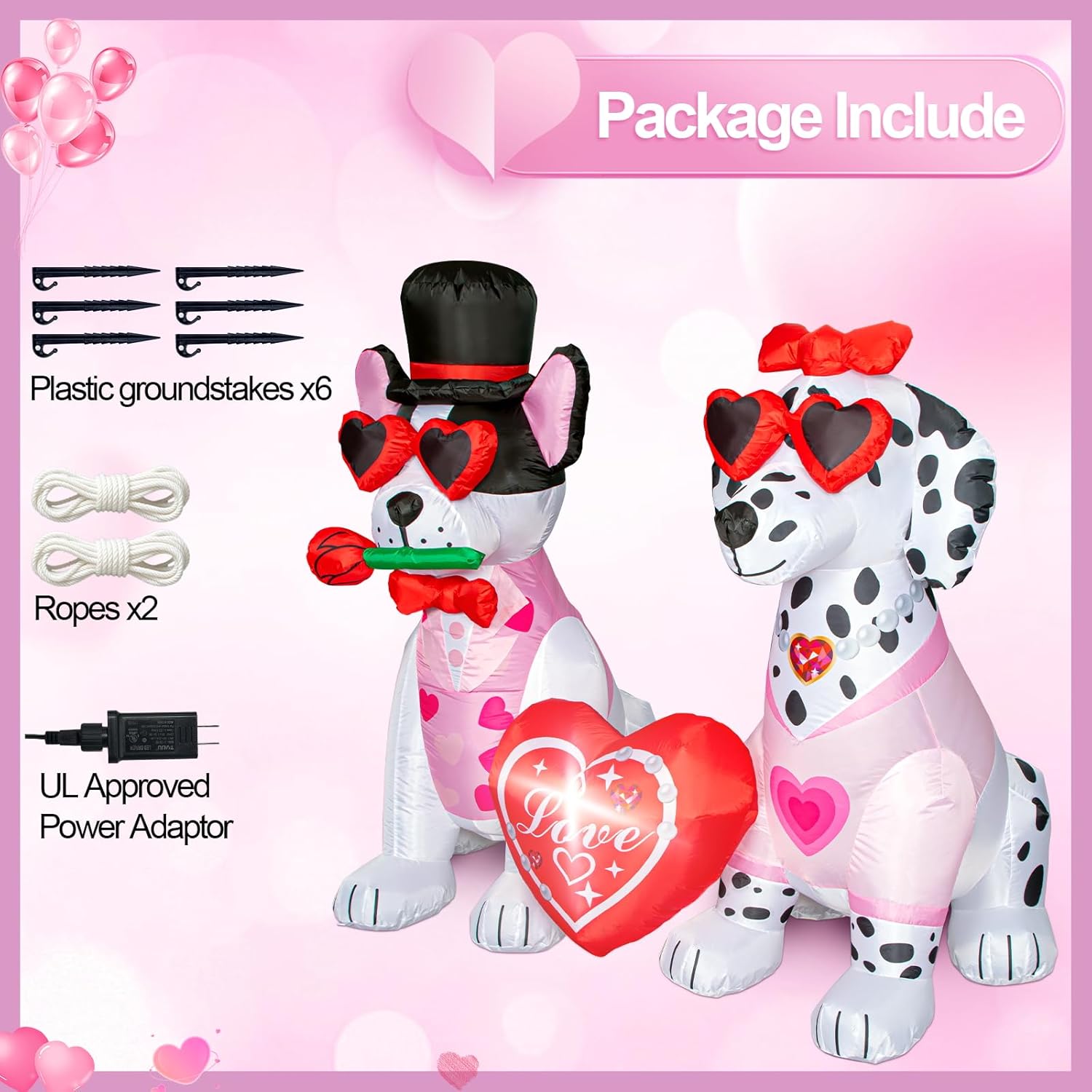 Valentine's Day Inflatable Decorations - 5.2FT LED Light-Up Couple Dogs with Heart & Rose - Blow-Up Outdoor Decor for Romantic Gifts, Anniversaries, Yard,Garden, Balcony